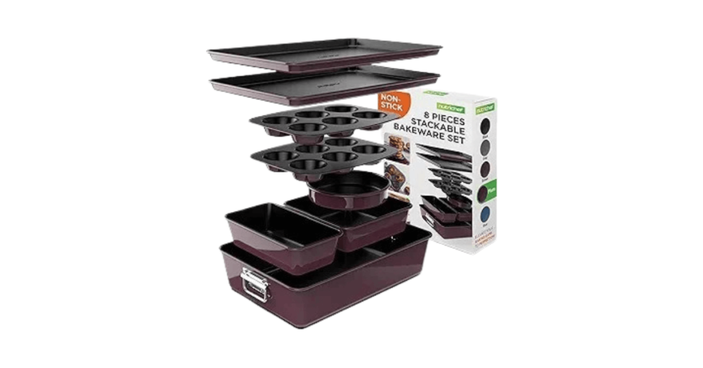 NutriChef 8 Piece Nonstick Stackable – PFOA, PFOS, PTFE Free Baking Tray Set w/Non-Stick Coating, Round Cake, Loaf, Muffin, Wide/Square Pans, Cookie Sheet